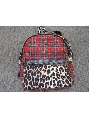 Betsey Johnson Plaid & Leopard Print Backpack With Gold Accents Polka Dot Detail